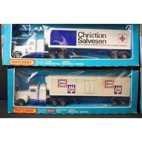 1203 - Seven boxed Matchbox SuperKings diecast models, to include K-44 Bridge Layer Set, K-31 Peterbilt Ref... 