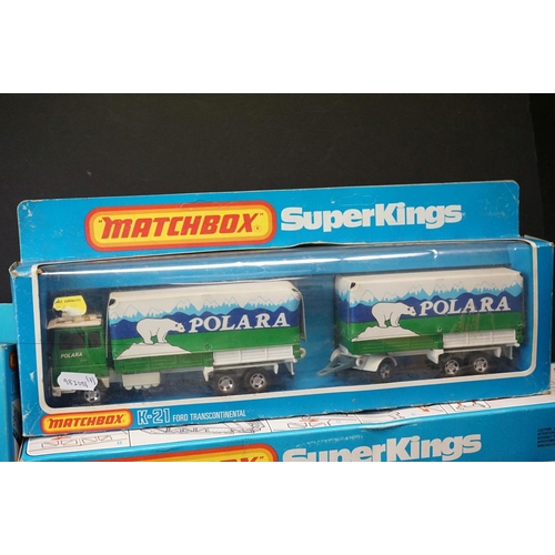 1203 - Seven boxed Matchbox SuperKings diecast models, to include K-44 Bridge Layer Set, K-31 Peterbilt Ref... 