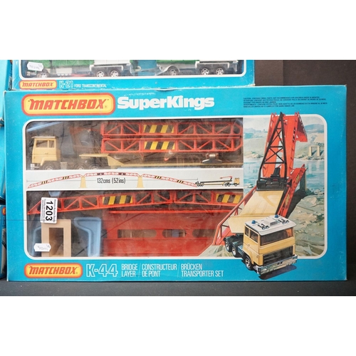 1203 - Seven boxed Matchbox SuperKings diecast models, to include K-44 Bridge Layer Set, K-31 Peterbilt Ref... 