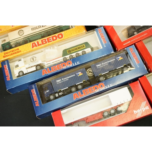 1213 - 64 Boxed plastic 1:87 model trucks to include 49 x Herpa and 15 x Albedo (models appear ex, boxes gd... 