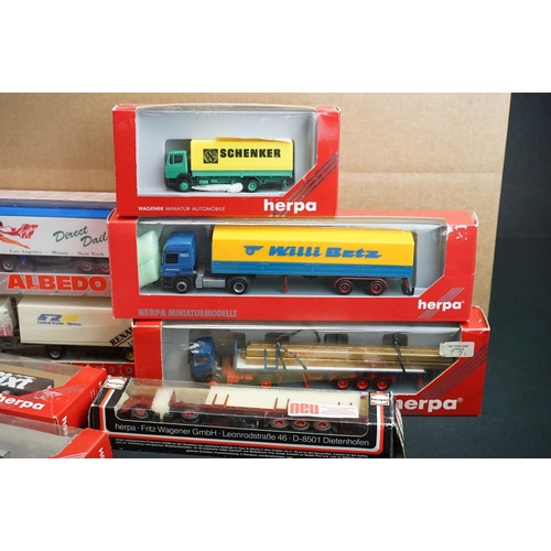 1213 - 64 Boxed plastic 1:87 model trucks to include 49 x Herpa and 15 x Albedo (models appear ex, boxes gd... 