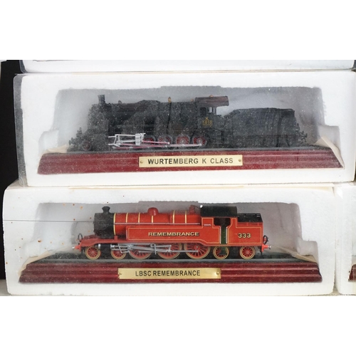 1263 - Approx. 36 collectors locomotives on plinths, mostly steam locos with tenders, many in polystyrene c... 