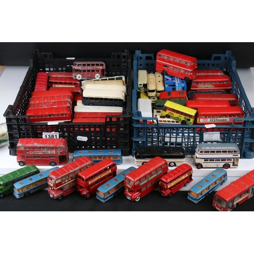 1381 - Over 55 mid 20th c onwards play worn diecast model buses, to include Dinky, Corgi, EFE and Majorette... 