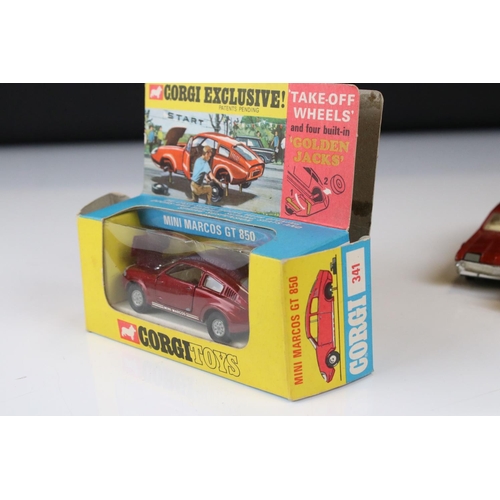 1386 - Boxed Corgi 341 Mini Marcos GT 850 diecast model in metallic red (a few spots of paint loss and box ... 