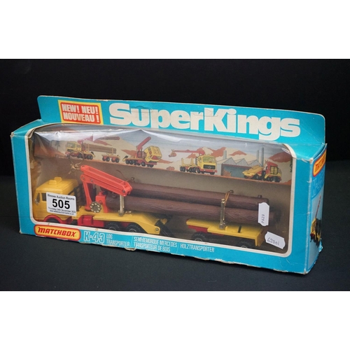 505 - Boxed Matchbox SuperKings  K-43 Log Transporter (model vg, box showing some crushing) along with box... 