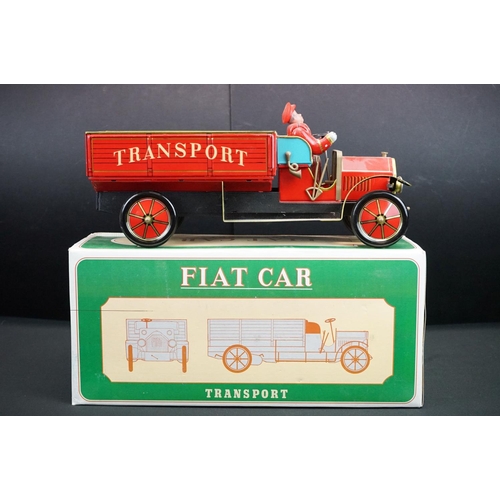 506 - Six boxed tinplate model vehicles, to include W E Ladder Fire Engine, Fiat Car Transport truck, Grea... 