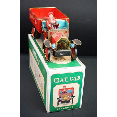 506 - Six boxed tinplate model vehicles, to include W E Ladder Fire Engine, Fiat Car Transport truck, Grea... 