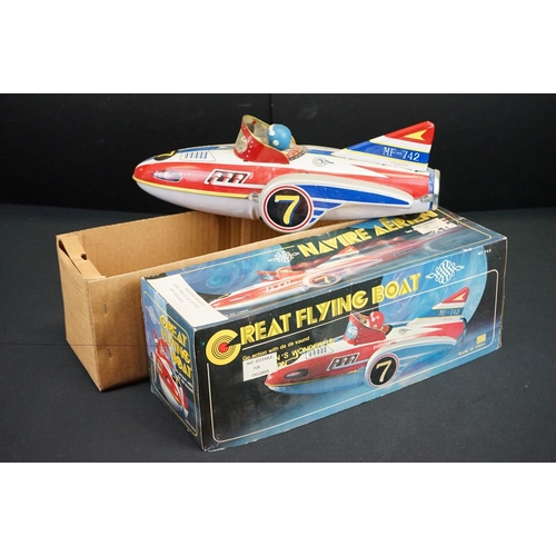 506 - Six boxed tinplate model vehicles, to include W E Ladder Fire Engine, Fiat Car Transport truck, Grea... 