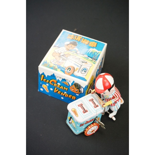 507 - Group of seven boxed tinplate toys, to include Monkey On A Tricycle, Ice Cream Vender, Clown Drummer... 