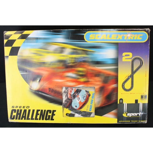 1303 - Three boxed Scalextric 2 Speed Challenge sets, all with slot cars, to include TVR, Renault Megane & ... 