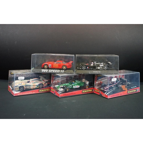 1306 - Five cased Scalextric slot cars to include Cadillac 2000 LMP, Audi R8, TVR Speed 12, Jaguar Racing F... 