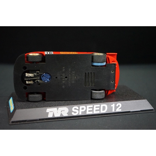 1306 - Five cased Scalextric slot cars to include Cadillac 2000 LMP, Audi R8, TVR Speed 12, Jaguar Racing F... 