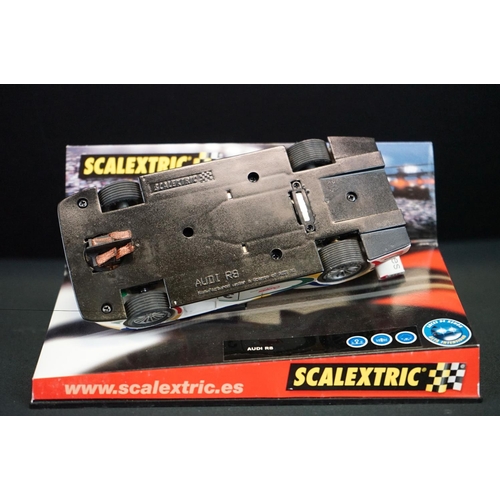 1306 - Five cased Scalextric slot cars to include Cadillac 2000 LMP, Audi R8, TVR Speed 12, Jaguar Racing F... 