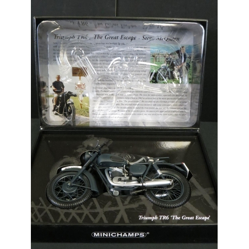 1325A - Boxed Minichamps diecast 1/12 scale model motorcycle, Steve McQueen's Triumph TR6 from The Great Esc... 