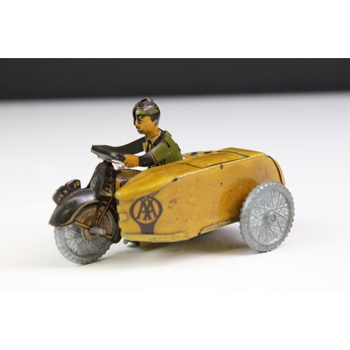 1332 - Mettoy tin plate clockwork AA Patrol motorbike with sidecar model, gd overall condition, with key