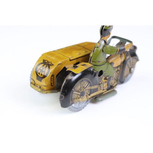 1332 - Mettoy tin plate clockwork AA Patrol motorbike with sidecar model, gd overall condition, with key