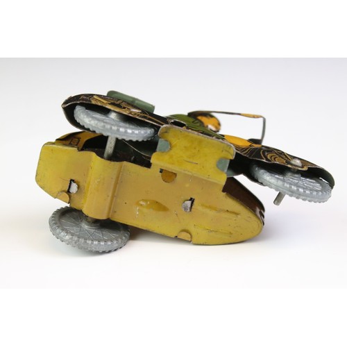 1332 - Mettoy tin plate clockwork AA Patrol motorbike with sidecar model, gd overall condition, with key