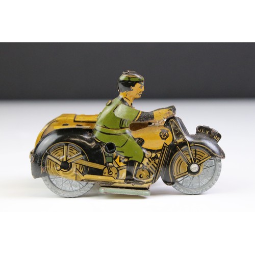 1332 - Mettoy tin plate clockwork AA Patrol motorbike with sidecar model, gd overall condition, with key