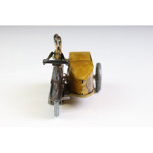 1332 - Mettoy tin plate clockwork AA Patrol motorbike with sidecar model, gd overall condition, with key