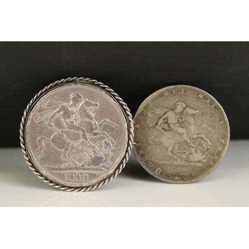 31 - Two King George III silver full crown coins to include a 1820 and an 1822 example mounted as a brooc... 