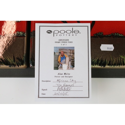 35 - Poole Pottery 'African Sky' design ceramic three-tile wall panel, a unique signed studio piece by Al... 