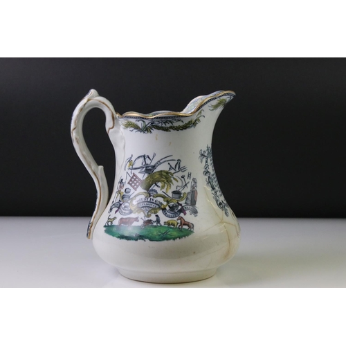 36 - 19th Century ceramic cider jug with transfer printed and hand-coloured decoration to include farming... 