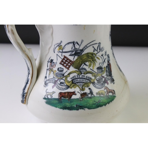 36 - 19th Century ceramic cider jug with transfer printed and hand-coloured decoration to include farming... 