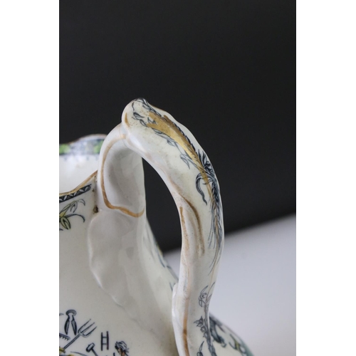 36 - 19th Century ceramic cider jug with transfer printed and hand-coloured decoration to include farming... 