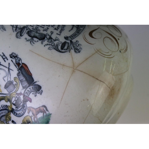 36 - 19th Century ceramic cider jug with transfer printed and hand-coloured decoration to include farming... 