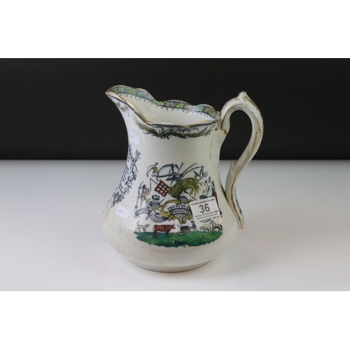 36 - 19th Century ceramic cider jug with transfer printed and hand-coloured decoration to include farming... 