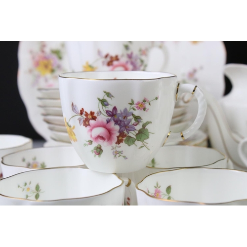 57 - Royal Crown Derby ' Derby Posies ' pattern tea set to include a teapot & cover, 8 teacups, 7 saucers... 