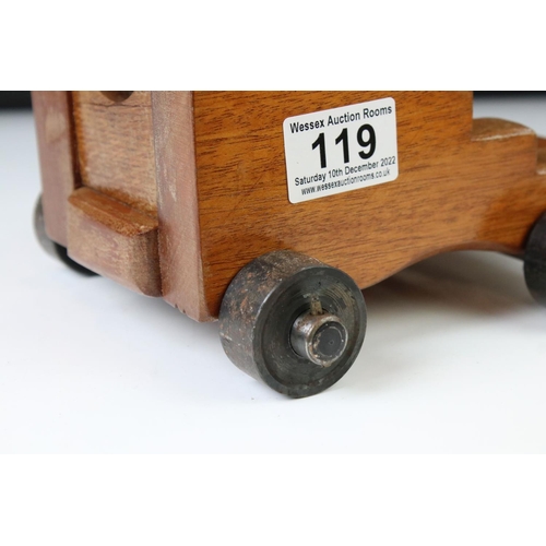 119 - 20th century GWR signal cannon with a steel barrel hinged on an oak carriage, raised on four steel w... 