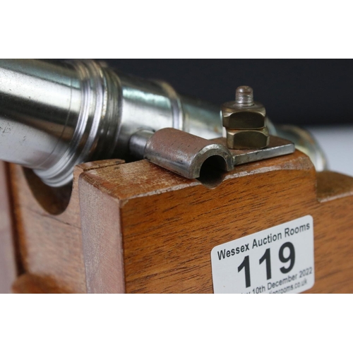 119 - 20th century GWR signal cannon with a steel barrel hinged on an oak carriage, raised on four steel w... 