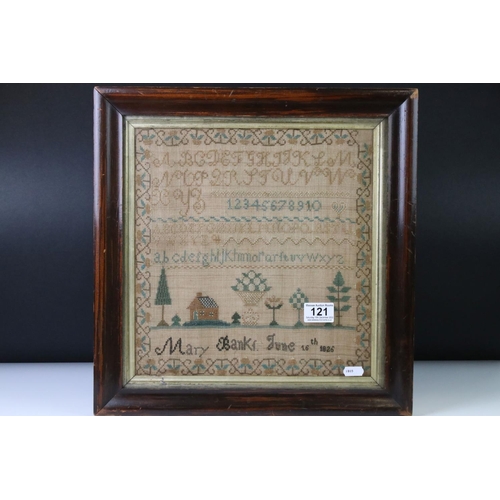 121 - Early 19th century needlework sampler by Mary Bank, dated June 16th 1826, featuring a house, trees, ... 