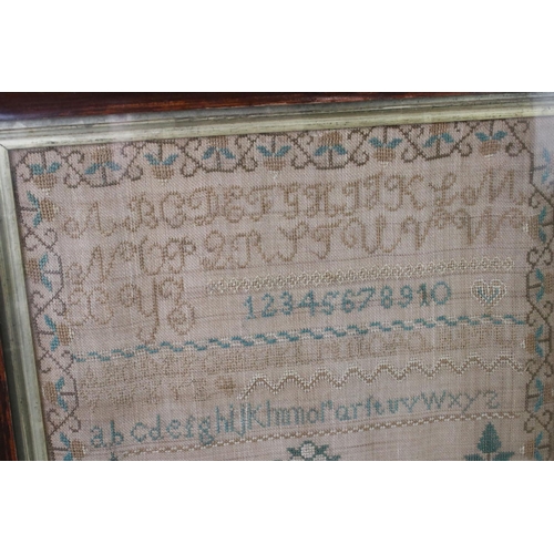 121 - Early 19th century needlework sampler by Mary Bank, dated June 16th 1826, featuring a house, trees, ... 