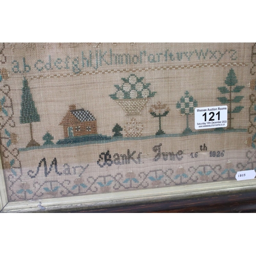 121 - Early 19th century needlework sampler by Mary Bank, dated June 16th 1826, featuring a house, trees, ... 