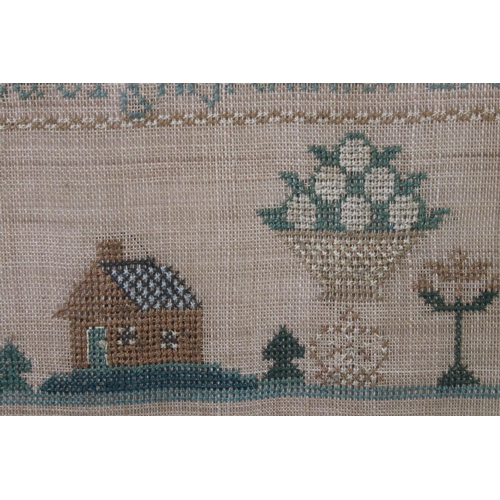 121 - Early 19th century needlework sampler by Mary Bank, dated June 16th 1826, featuring a house, trees, ... 