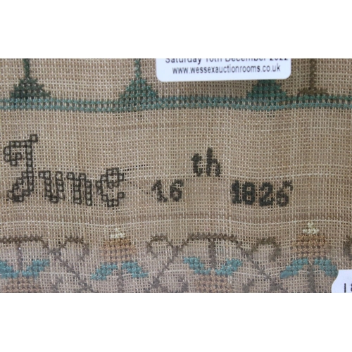 121 - Early 19th century needlework sampler by Mary Bank, dated June 16th 1826, featuring a house, trees, ... 