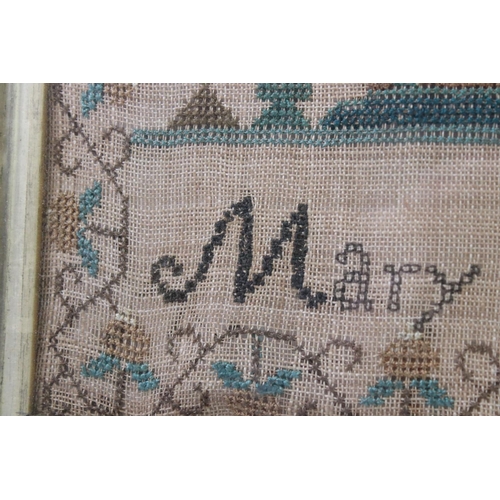 121 - Early 19th century needlework sampler by Mary Bank, dated June 16th 1826, featuring a house, trees, ... 