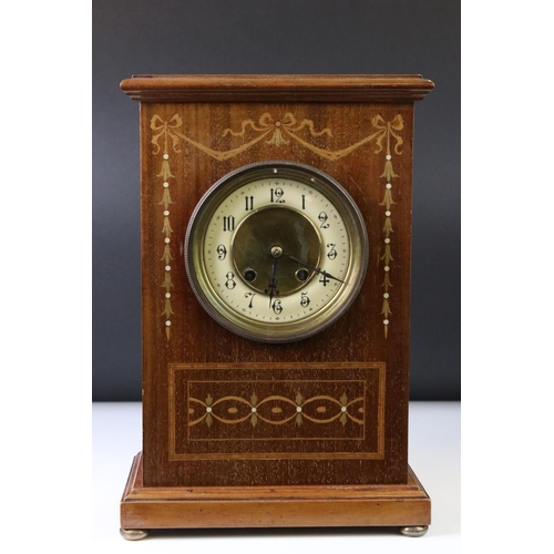 130 - Early 20th Century mahogany and oak mantle clock of rectangular form, with inlaid bow & strung decor... 