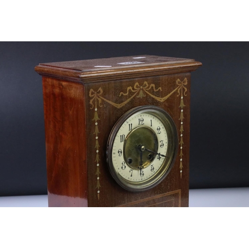 130 - Early 20th Century mahogany and oak mantle clock of rectangular form, with inlaid bow & strung decor... 