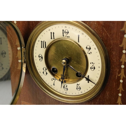 130 - Early 20th Century mahogany and oak mantle clock of rectangular form, with inlaid bow & strung decor... 