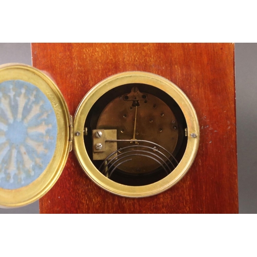 130 - Early 20th Century mahogany and oak mantle clock of rectangular form, with inlaid bow & strung decor... 