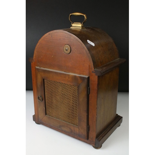136 - Edwardian mahogany chiming mantle clock with arched silvered dial, poker-style hands, slow/fast and ... 