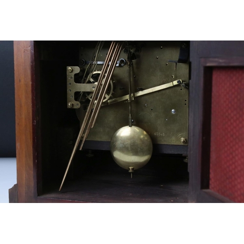 136 - Edwardian mahogany chiming mantle clock with arched silvered dial, poker-style hands, slow/fast and ... 