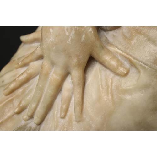 141 - Art Nouveau alabaster figure of a classical maiden, loosely dressed, mounted on a green polished sto... 