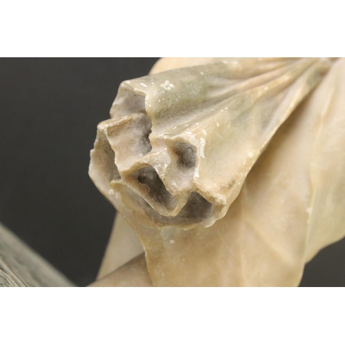 141 - Art Nouveau alabaster figure of a classical maiden, loosely dressed, mounted on a green polished sto... 
