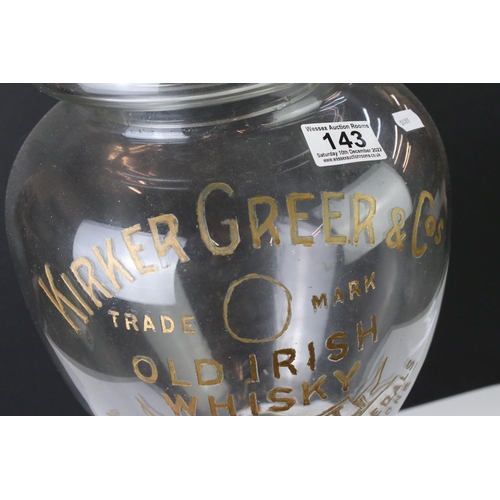 143 - Advertising - Late 19th Century Kirker Greer & Cos Old Irish Whisky glass dispensing urn & cover, wi... 