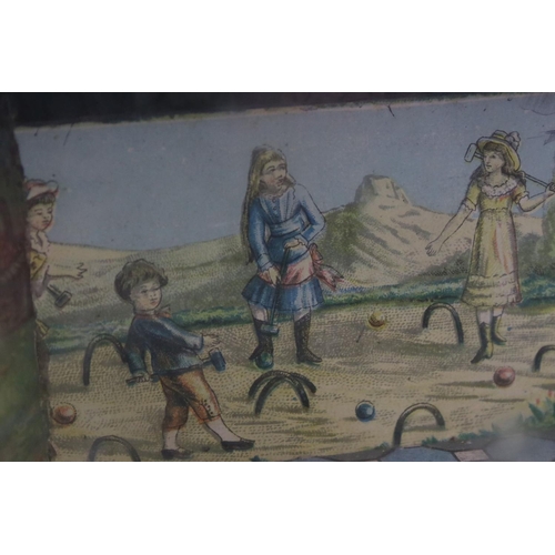 146 - Novelty stained pine music box, with an arched glass panel to the front enclosing a chromolithograph... 