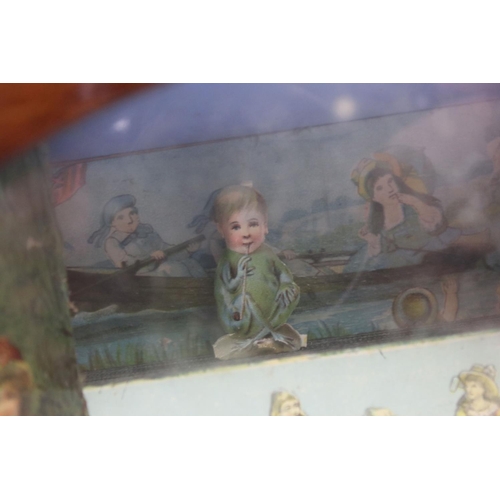 146 - Novelty stained pine music box, with an arched glass panel to the front enclosing a chromolithograph... 